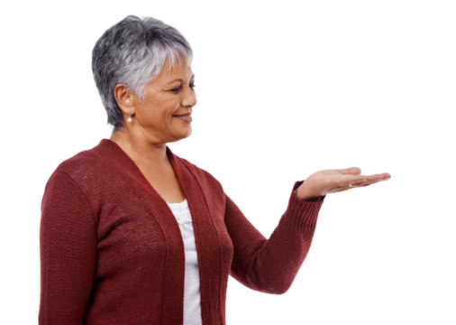 Advertising, palm isolated senior woman and against a transparent png background for promotion. Marketing or branding, smile or excited and happy or cheerful elderly female person for advertisement