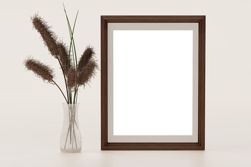 Vertical wooden frame mockup for photo, print, painting, artwork presentation, boho style. 3d illustration