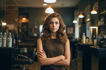 Female hairdresser standing in salon. Image ai generate. Generative AI