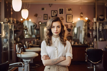 Female hairdresser standing in salon. Image ai generate. Generative AI