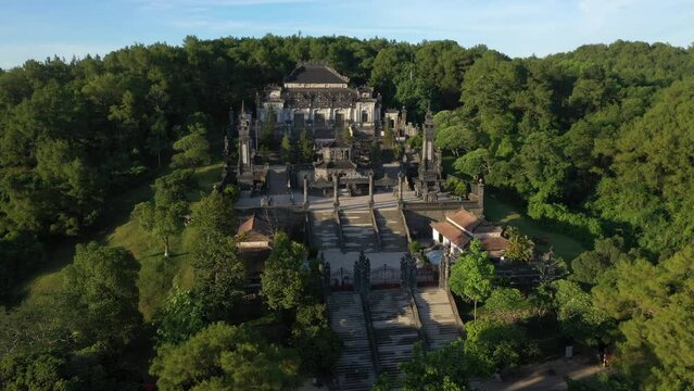 Khai Dinh Tomb near the Imperial City with the Purple Forbidden City within the Citadel in Hue, Vietnam. Imperial Royal Palace of Nguyen dynasty in Hue. Hue is a popular