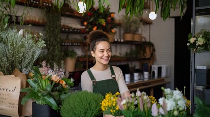 Happy florist selling plants and flower to client. Image ai generate. Generative AI