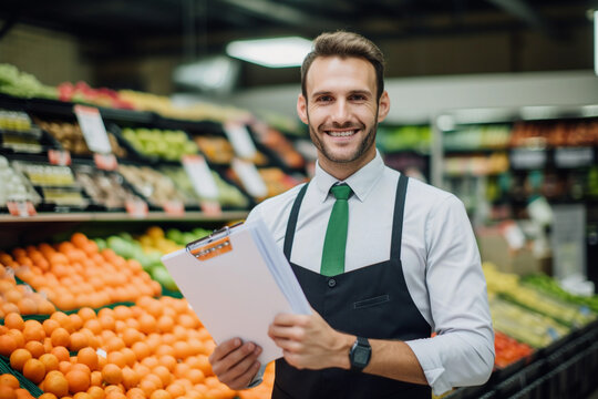 HR post with happy attractive male grocery store manager holding a paper. Image ai generate. Generative AI