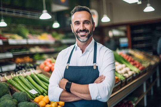 HR post with happy attractive male grocery store manager holding a paper. Image ai generate. Generative AI