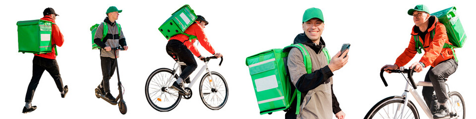 A courier on a bicycle delivering an employee of a product delivery company, a man with a thermo...