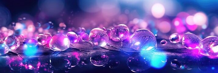 blue background with bokeh lights, in the style of imaginative spacescapes, poured, dark violet and light beige, water drops, created with generative ai