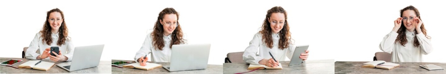 Student young woman uses laptop computer online work and education workplace in office. Transparent background, png.