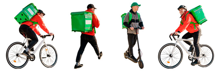 The courier delivering the employee of the company for the delivery of goods, a man with a thermo bag delivery of the order on eco transport. Transparent background, png. - obrazy, fototapety, plakaty
