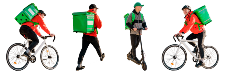 The courier delivering the employee of the company for the delivery of goods, a man with a thermo bag delivery of the order on eco transport. Transparent background, png.