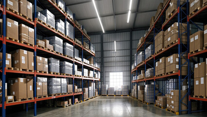 warehouse space. warehouse interior with shelves, pallets and boxes. Big distribution warehouse. Generative AI