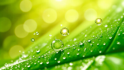 Water drops on green leaf abstract background. bright greenery in large drops after rain. beautiful natural background. Generative AI