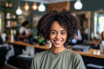 Fototapeta premium Positive young black hairdresser enjoying. Image ai generate. Generative AI