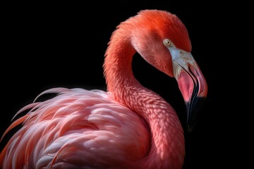 pink flamingo in profile on black background whit space for text copy space generative ai