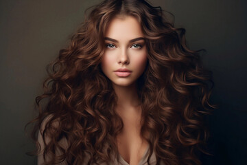 Beautiful model girl with long wavy and shiny hair. Brunette woman with curly hairstyle. Generative AI