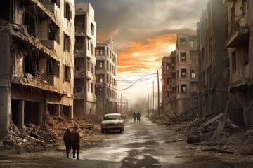 horizontal photo city earthquake post-apocalyptic city after destruction generative ai - obrazy, fototapety, plakaty