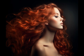 Fototapeta premium Beautiful model girl with long wavy and shiny hair. Brunette woman with curly hairstyle. Generative AI