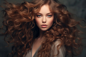 Beautiful model girl with long wavy and shiny hair. Brunette woman with curly hairstyle. Generative AI