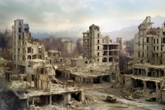 horizontal photo city earthquake post-apocalyptic city after destruction generative ai