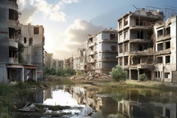 horizontal photo city earthquake post-apocalyptic city after destruction generative ai