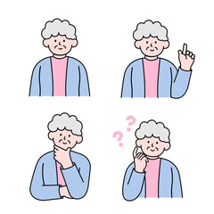 An elderly woman is in a thinking pose, questioning, and pointing her finger, simple style vector illustration.