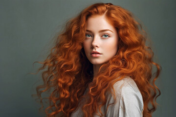 Fototapeta premium Beautiful model girl with long red curly hair. Red head. Care and beauty hair products. Generative AI