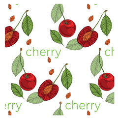 Pattern of stylized cherries with leaves and slices. Green, red colors. Composition on a white background.
