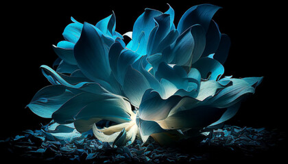 blue flower petals bloom illuminated by white light inside on it isolated by pitch black created with generative AI