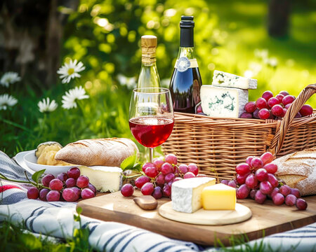 Summer romantic picnic on lawn on green grass in park. Bottle of red wine with glassine, baguete, cheese, grapes and fresh fruits on plaid on blurred landscape. Weekend. Summer holiday. Generative ai