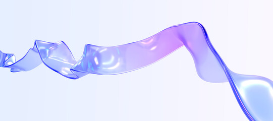 Abstract background with holographic iridescent ribbon 3d render. Wavy curved colorful glass shape, line with clear blue purple gradient texture. Flying stream of chromatic liquid. 3D illustration