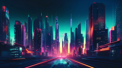 Beautiful neon night in a cyberpunk city. Illustration of the futuristic city skyscraper. Generative ai.