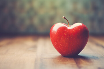 A red apple heart shaped sitting on top of a wooden table. Generative AI