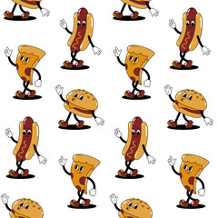 Vector seamless pattern with cartoon retro mascots colored illustrations of walking street food on a white background. Hamburger, hot dog and pizza. Vintage style 30s, 40s, 50s old animation. - 611323973