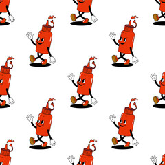 Vector seamless pattern with cartoon retro mascot color illustration of a walking ketchup on a white background. Vintage style 30s, 40s, 50s old animation. - 611323975