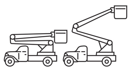 Bucket truck line icon.Bucket boom truck side view.Aerial platform.Crane truck with basket.Bucket boom truck.Picker high lift platform.Vector outline illustration.Isolated on white background.