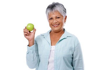 Senior woman, face and apple for healthy food, diet or lifestyle isolated on a transparent, png...