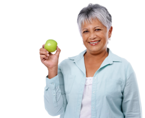 Senior woman, face and apple for healthy food, diet or lifestyle isolated on a transparent, png background. Portrait of elderly female person with a fruit in hand for nutrition, wellness and health