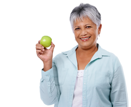Senior woman, face and apple for healthy food, diet or lifestyle isolated on a transparent, png background. Portrait of elderly female person with a fruit in hand for nutrition, wellness and health