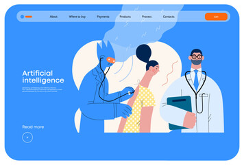 Naklejka na ściany i meble Artificial intelligence, Medicine -modern flat vector concept illustration of AI auscultating patient with stethoscope. Human doctor nearby. Metaphor of AI advantage, superiority and dominance concept