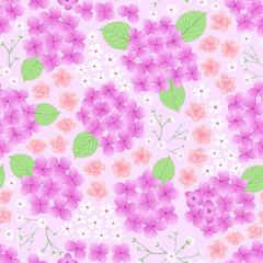 Hydrangea flower seamless pattern. pink lilac floral print. purple Hortensia flower pattern. good for fabric, fashion design, summer spring dress, kimono, pajama, wallpaper, background, textile.