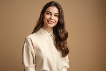 A beautiful young woman in a linen shirt smiles while standing against a beige background. Photorealistic illustration generative AI.
