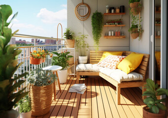 Modern large balcony is decorated with flowers. Reading and relaxing area at home. generative ai