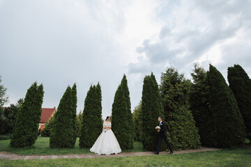 Portrait of the bride and groom in nature. Stylish bride and groom in a long lace dress are hugging and posing near the trees in the garden. A happy couple in love