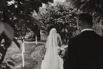 Wedding Portrait of the bride and groom in nature. Black and white photo. A stylish groom stands behind the bride, in the garden near the trees. Beautiful lace veil and lace dress. Holiday concept