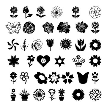 Silhouettes of simple vector flowers. Cute round flower plant nature collection. Daisy icon or Cosmos icon set.