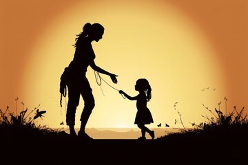 AI generative of silhouette of mother with daughter. Little girl, mother, playing, on the beach.