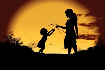 AI generative of silhouette of mother with daughter. Little girl, mother, playing, on the beach.