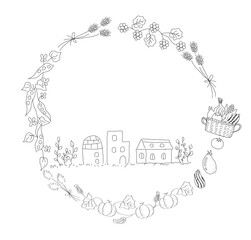 農家と農作物 リース飾り 手描き 