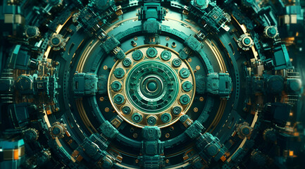 digital hardware background with gears and technology rigs. Generative AI.