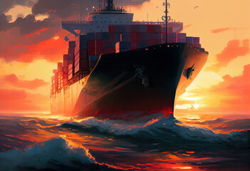 Large container ship, sailing at sunset. Gernerative AI.