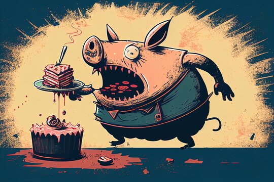 Greedy Pig Eating Lots of Food and Gorging and Over Indulging Looking Serious and even Scary stuffing face Stylised Illustration